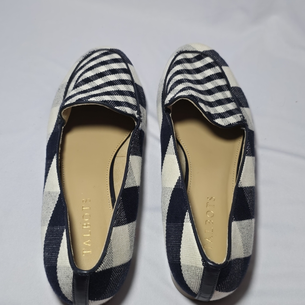 Talbots Gingham Navy Plaid Nautical Genuine Leather Lining Flats Summer, Sz 8 - Picture 5 of 9